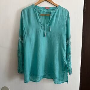 Glam Souls | 100% Silk Turquoise Beaded Wide Sleeve Split Neck Tunic | Small